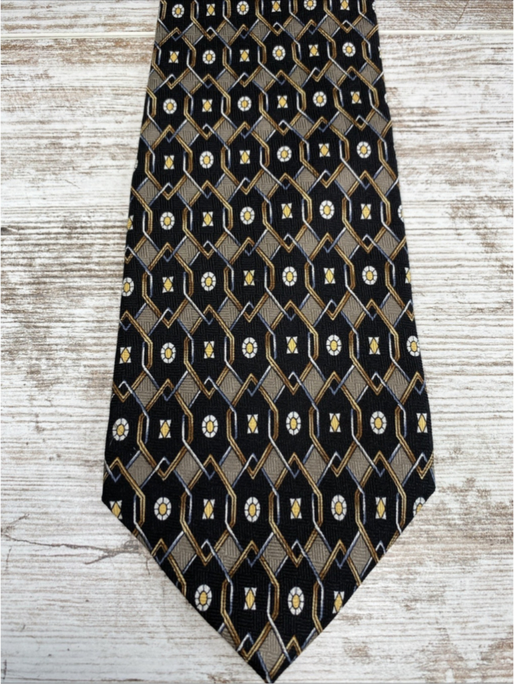 Geoffrey Beene Vintage Silk Tie Black Gold Geometric Abstract Retro Made USA